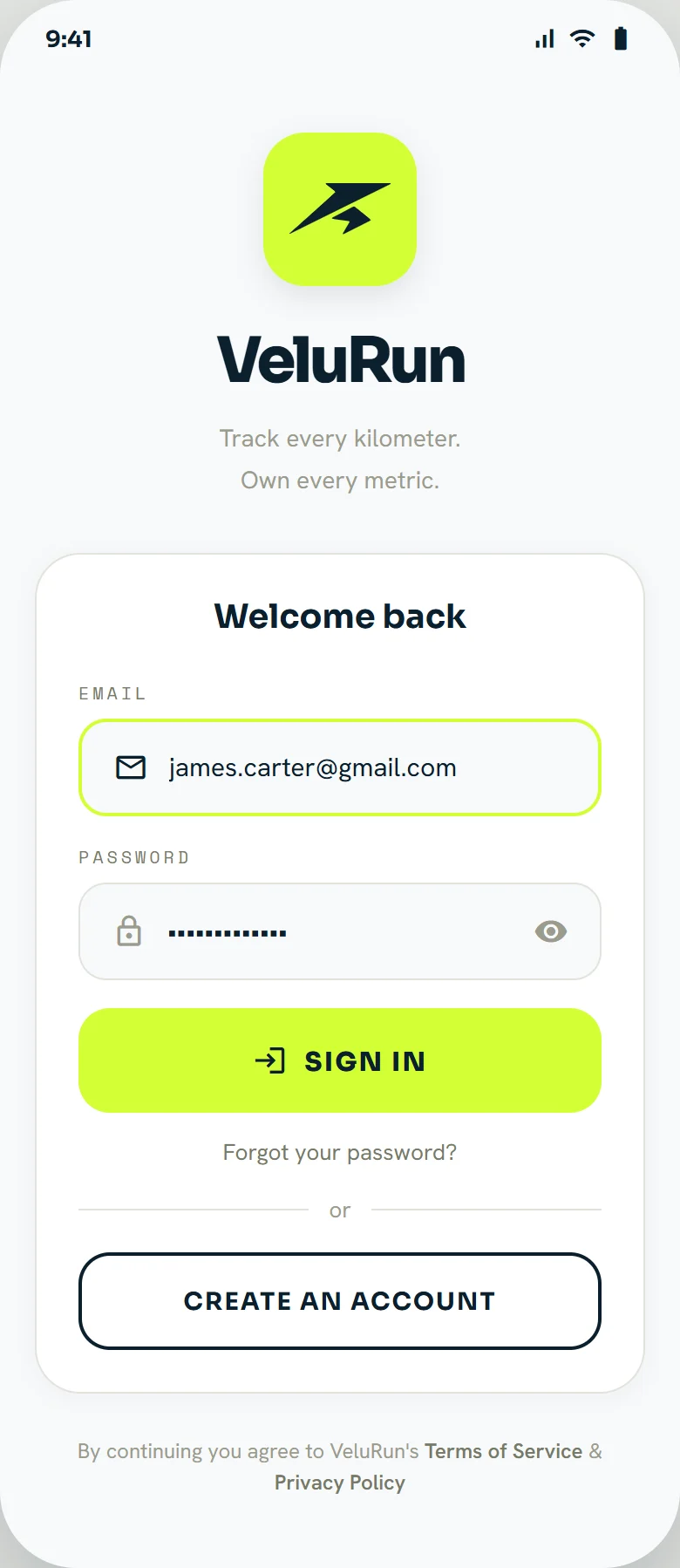 Tela de login do VeluRun
