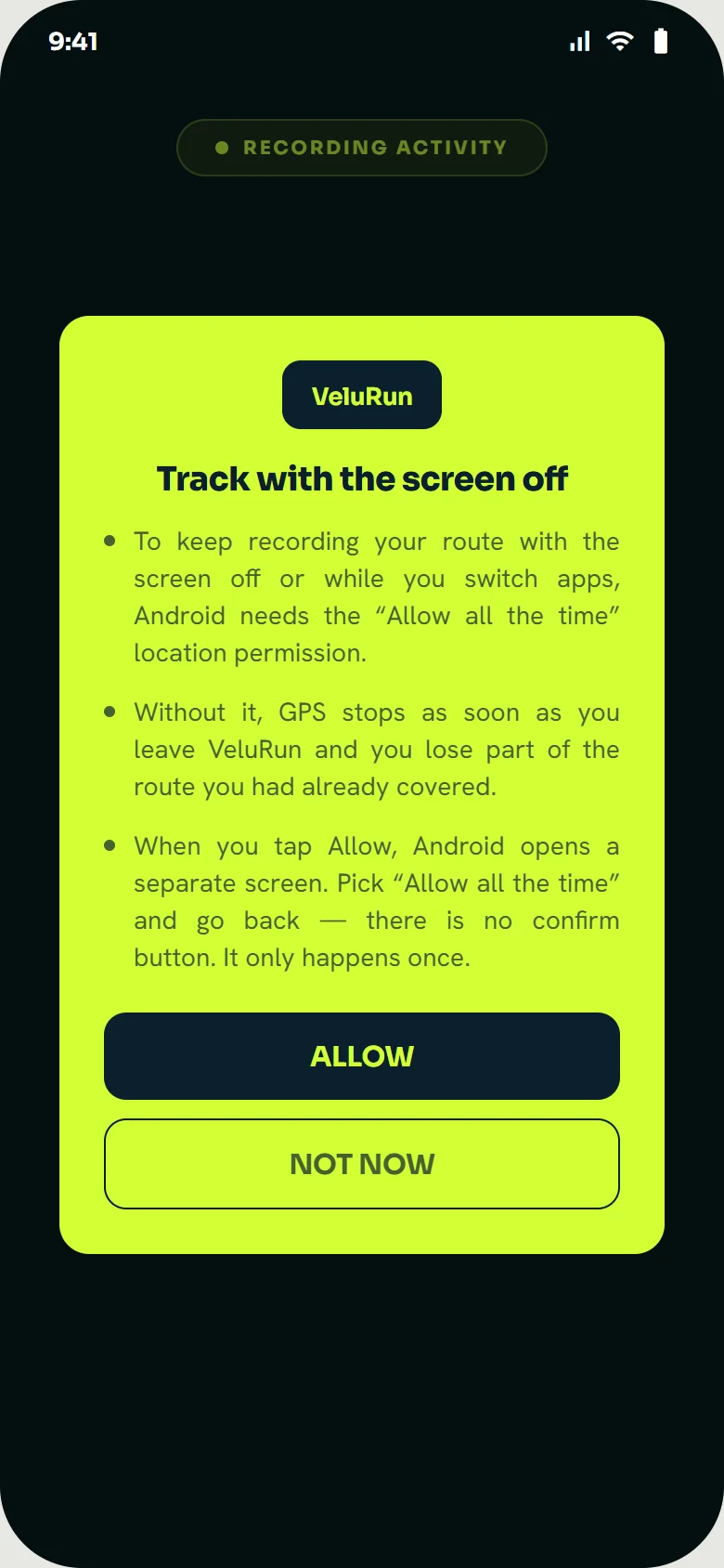 Modal de permissão de localização do VeluRun