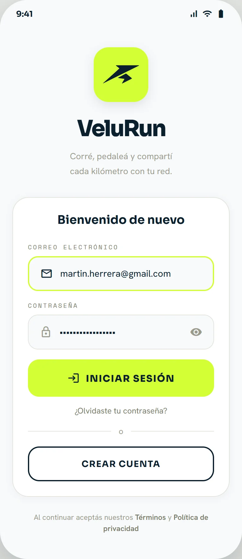 Pantalla de inicio de sesión de VeluRun