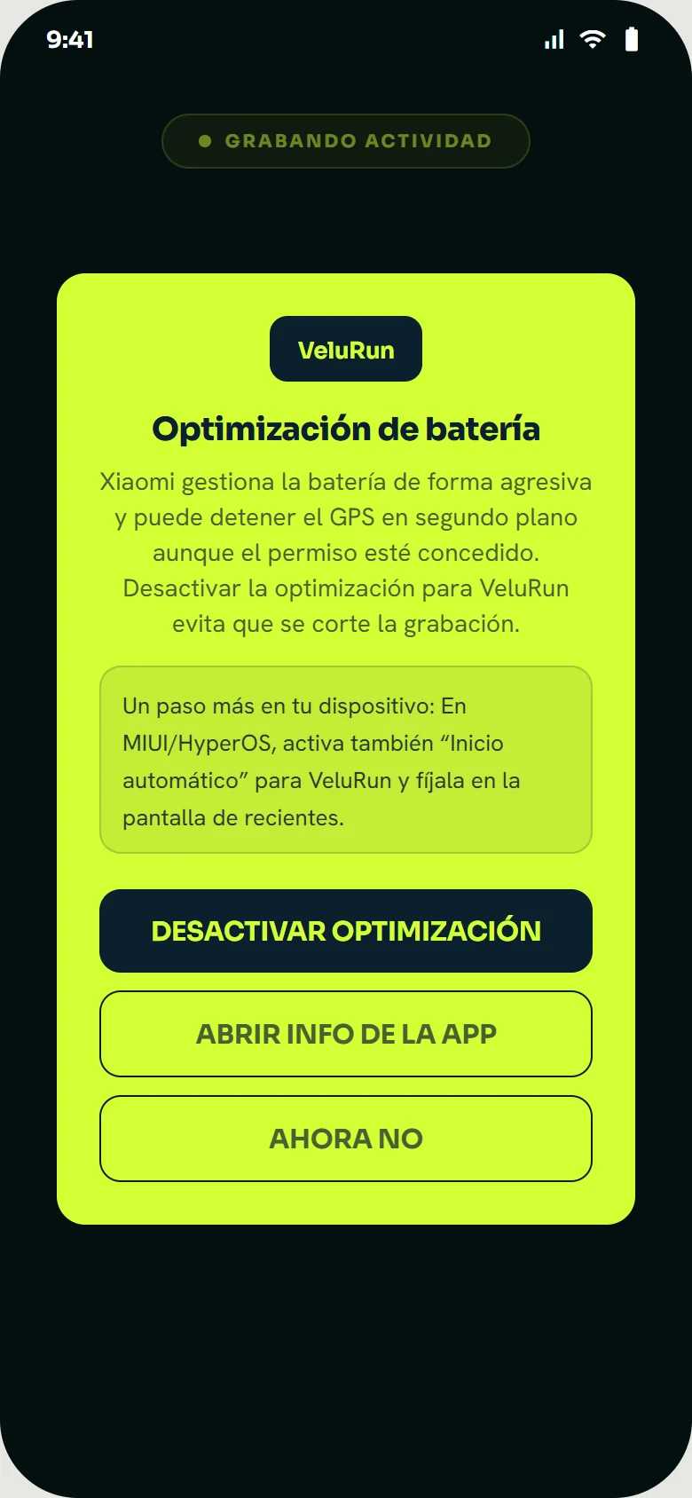 Modal de optimización de batería de VeluRun