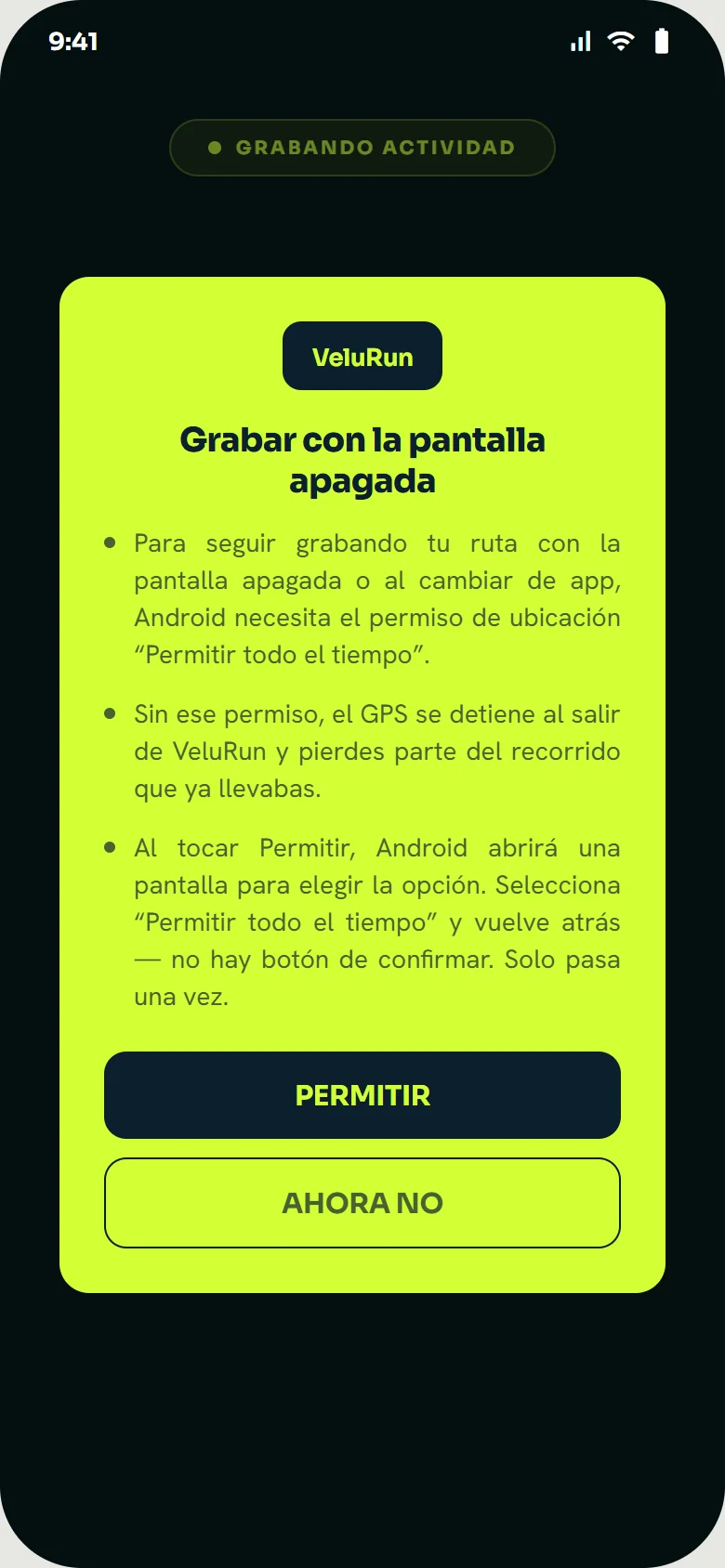 Modal de permiso de ubicación de VeluRun
