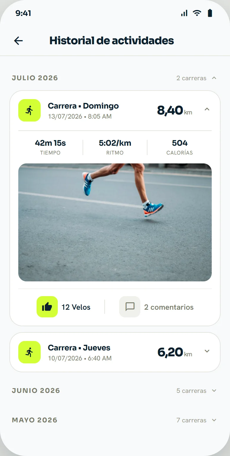 Historial de actividades de VeluRun