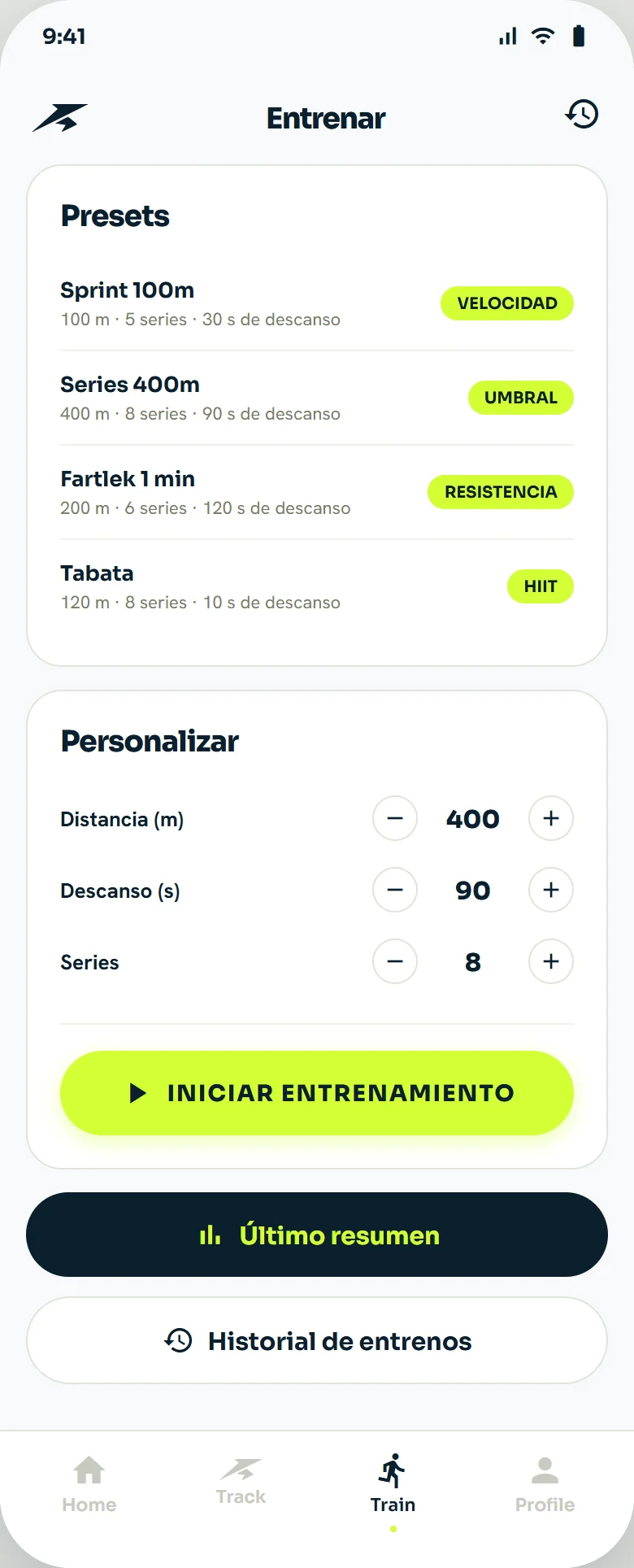 Pantalla de entrenamientos de VeluRun